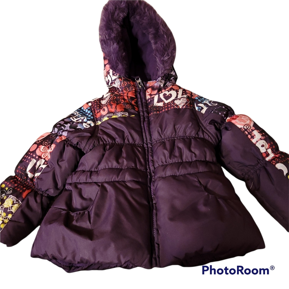 Protection System 3T Winter Coat Jacket Faux Fur Hood Purple Hearts Mitten Clip